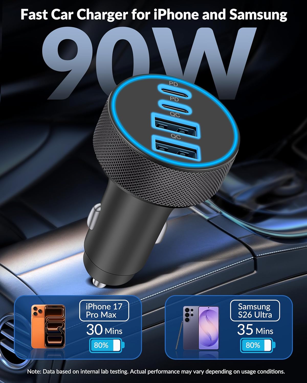 iPhone 17 16 15 Car Charger Fast Charging, 90W 4Port USB C Fast Car Charger | Cigarette Lighter Adapter, with 240W 3FT USB-C Cable, for iPhone 17/Air/17 Pro Max/17e/16/15 Pro Max/Plus/16e, iPad, Android