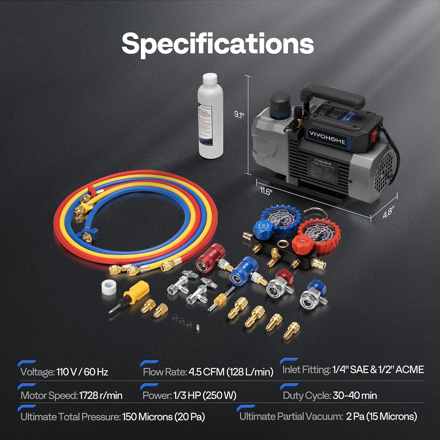 VIVOHOME A2L 1/3 HP 4.5CFM 1 Stage AC Vacuum Pump and Manifold Gauge Set | HVAC Vacuum Pump Kit with 5ft Hoses, Sparkless Motor for R454B R32 R1234yf R134a R410a R22 Car Auto Mini Split AC Systems