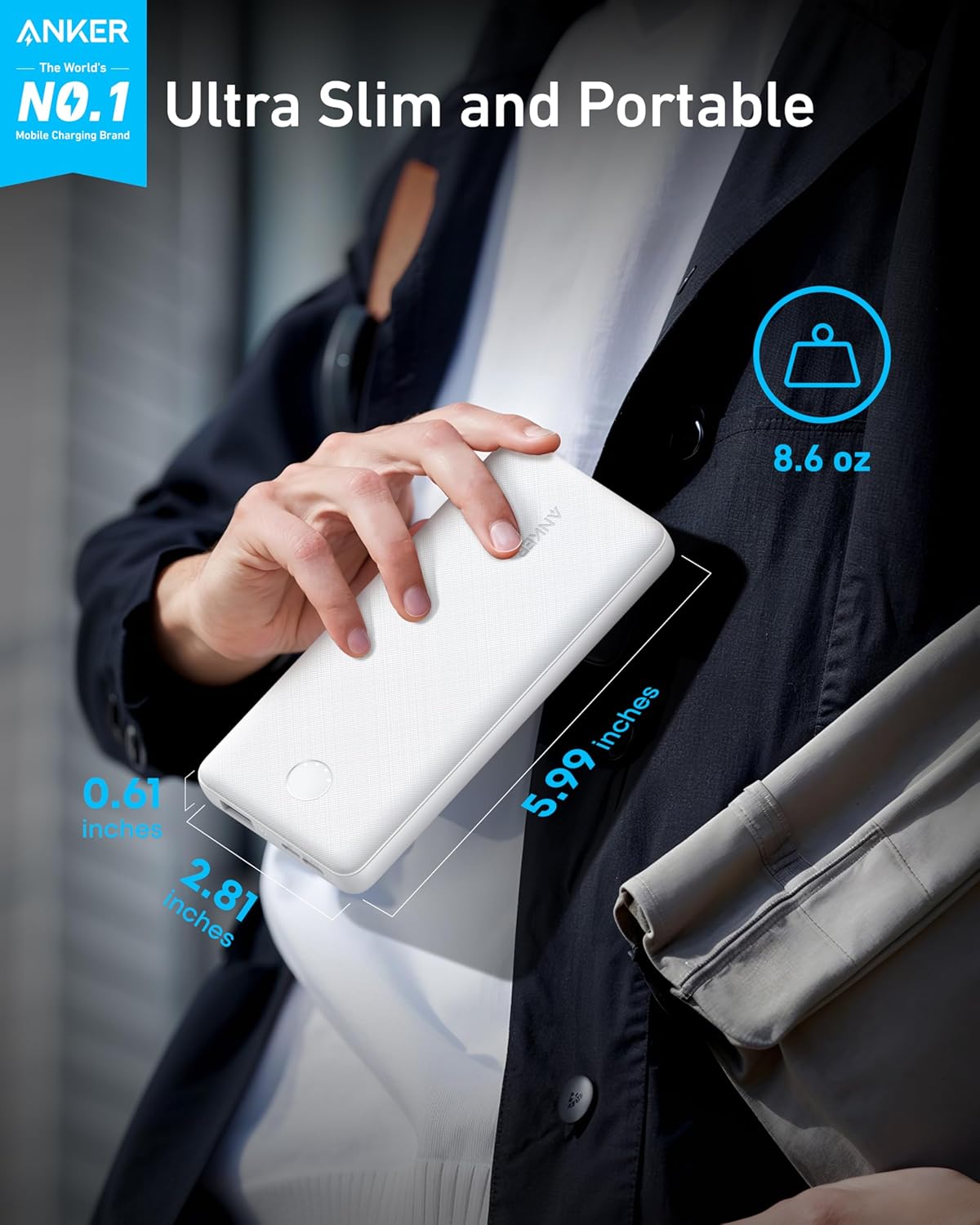 Anker Power Bank, 10,000mAh Portable Charger, PowerIQ USB-C Battery Pack | 5V / 3A High-Speed Charging, for iPhone, iPad, and More, Ultra-Compact Travel-Ready Design (White)