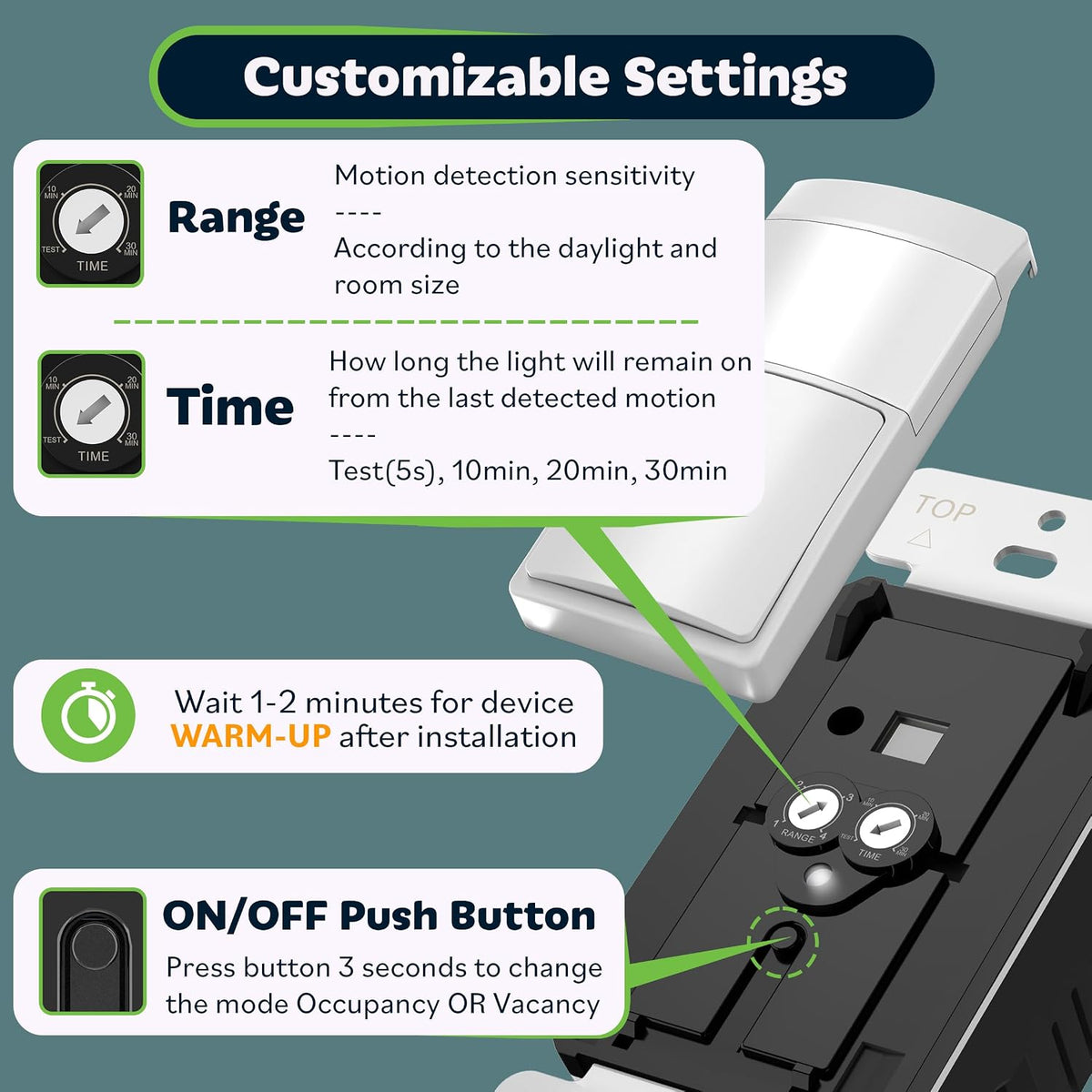 TOPGREENER PIR Motion Sensor Light Switch,No Neutral No Ground Wire, 2 Pack