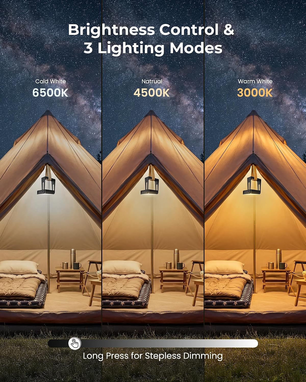 Rechargeable Camping Light Lamp, 2 Pack 4000mAh Dimmable LED Battery Powered Camping Lanterns with 360° Rotatable Stand, 2-in-1 Flashlight Emergency Lights for Home Power Outages, 3 Light Colors