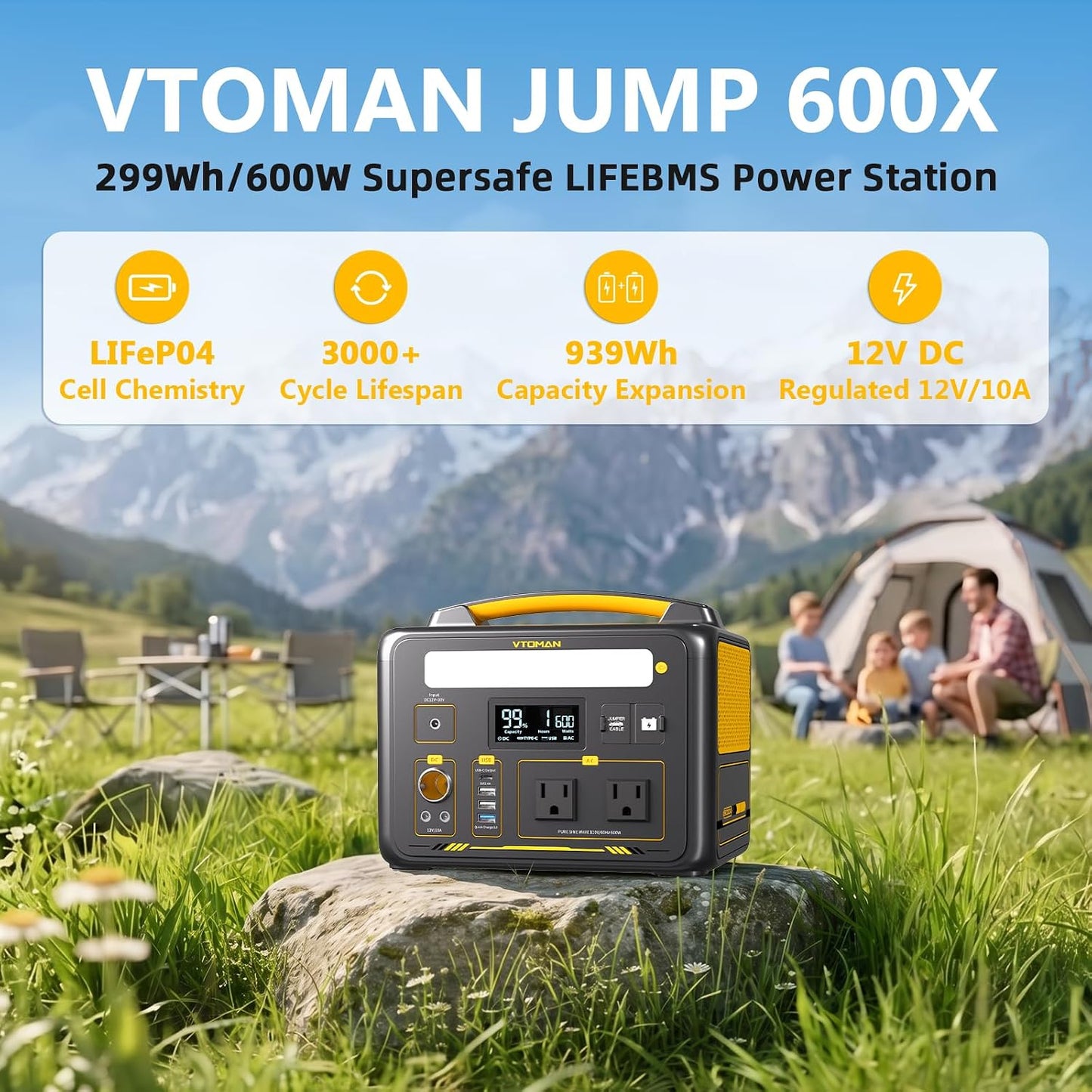 VTOMAN Jump 600X Portable Power Station 600W, 299Wh LiFePO4 Battery | 1200W Surge AC Outlet, PD 60W USB-C, 2-In-1 Solar Generator with Jump Start for Blackout, Camping, Outage and Road Trip