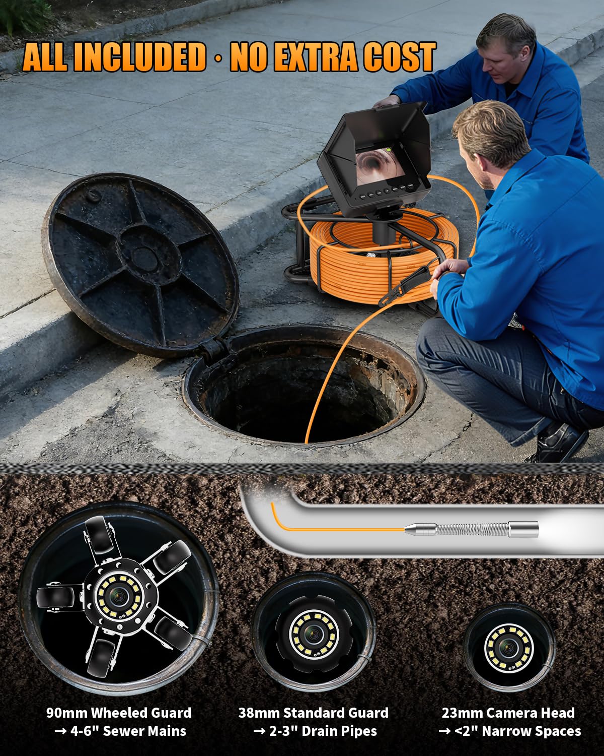 Sewer Camera 100ft, Drain Camera 4.3" with 23mm 1080P Probe, 8500mAh, 32GB Audio & Video Record, IP68 Waterproof for Plumbers, Drain Pipe & Industrial Inspection, Endoscope Camera with Light(12 LEDs)