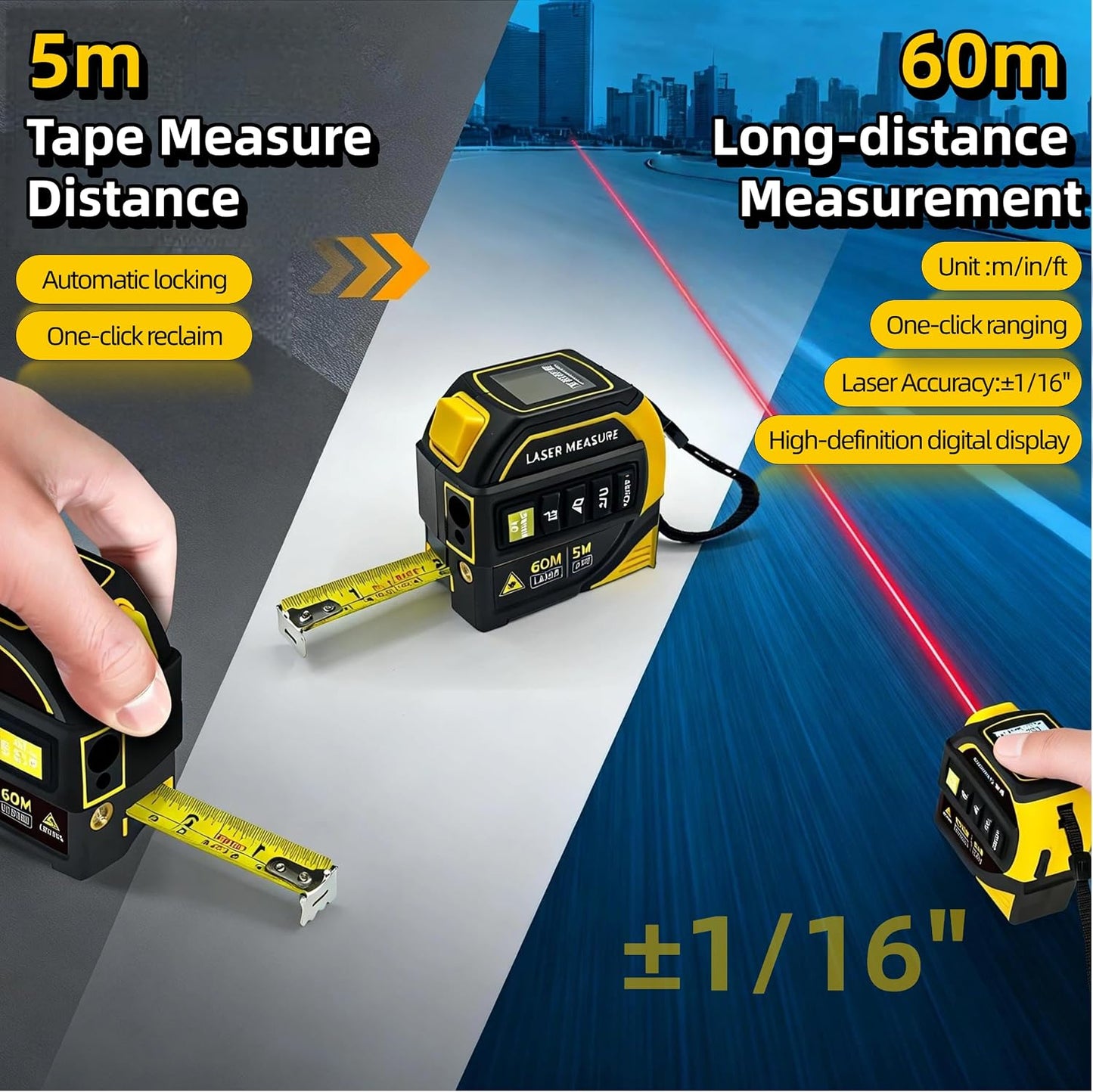 4-in-1 Laser Tape Measure with Level,16Ft Ruler,197Ft Laser | Almighty Digital Laser Distance,Heavy-Duty Tool with Crosshair,Smart Range Finder,Easy-Read Display,Rechargeable