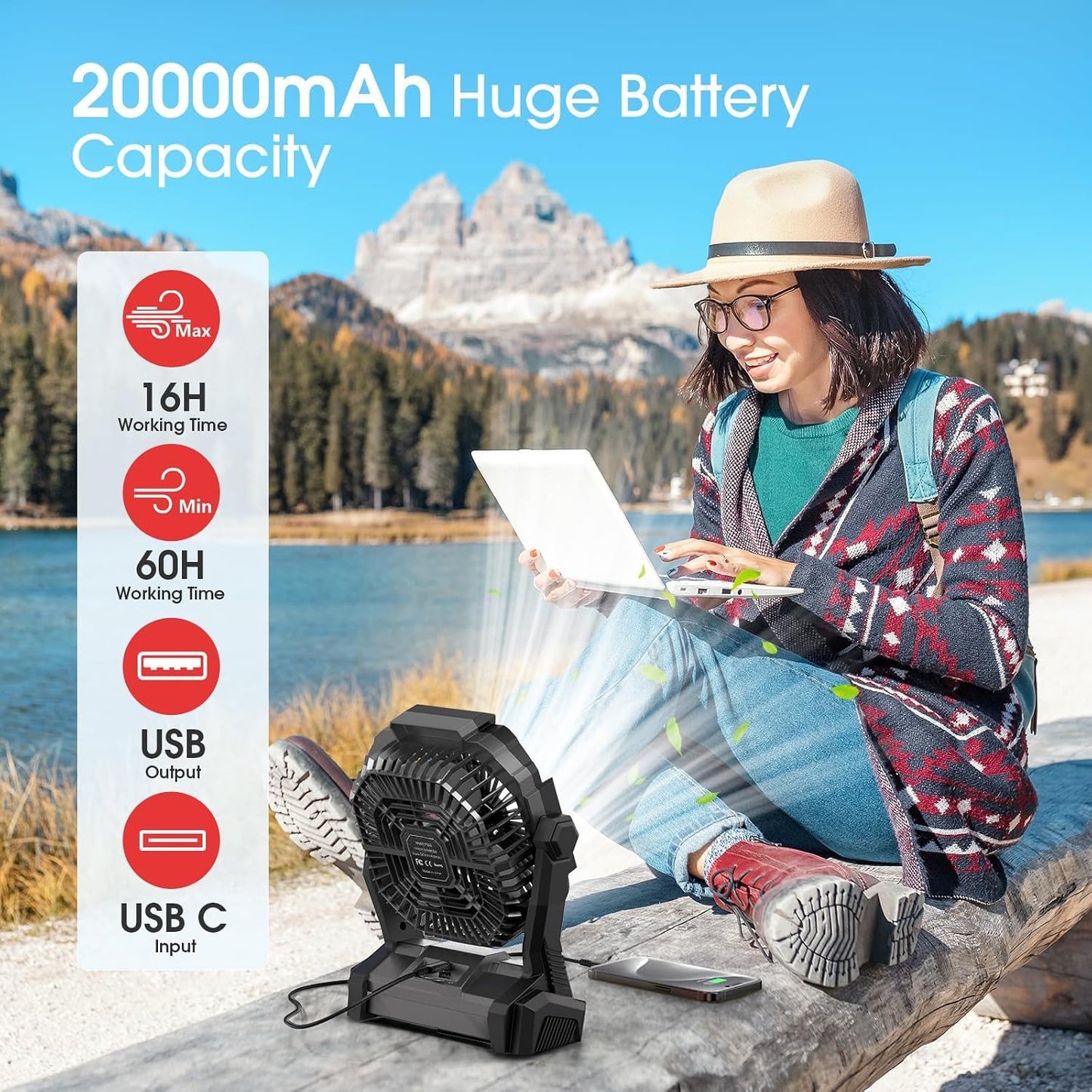 Portable Fan Rechargeable 20000mAh Cordless Battery Powered Camping Fan | with LED Lantern, Small Table Fan, USB Battery Operated Fans for Travel Bedroom Home Camping Tent Office Beach Desk Black