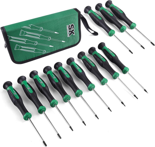 SK 12-Piece Mini Screwdriver Set, Precision Screwdriver Set, Small Kit | Micro Electronics Screwdrivers, Magnetic Slotted/Phillip/Star Tips, Premium Alloy Steel, SureGrip Handle, with Zipper Pouch