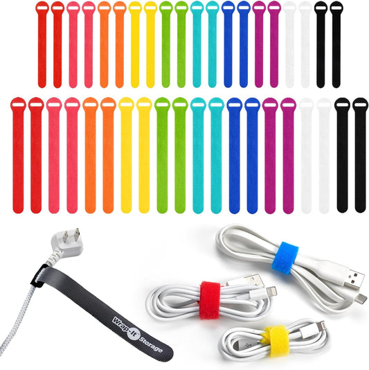 Self-Gripping Cable Ties by Wrap-It Storage - Assorted 40-Pack Multicolor | Reusable Hook and Loop Cord Keeper, Cable Wrappers for Cord Management and Home Office Desk Organization