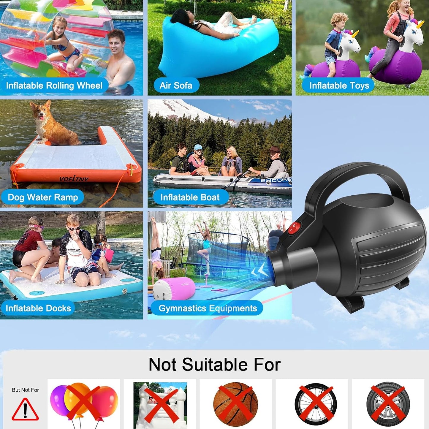 VOFiTNY Electric Air Pump for Inflatables 600W Air Mattress Pump,Portable Bed Pump for Gymnastics Mat Pool Toy Float Raft Airbed Quick Inflate/Deflate with 4 Nozzles 110-120V AC