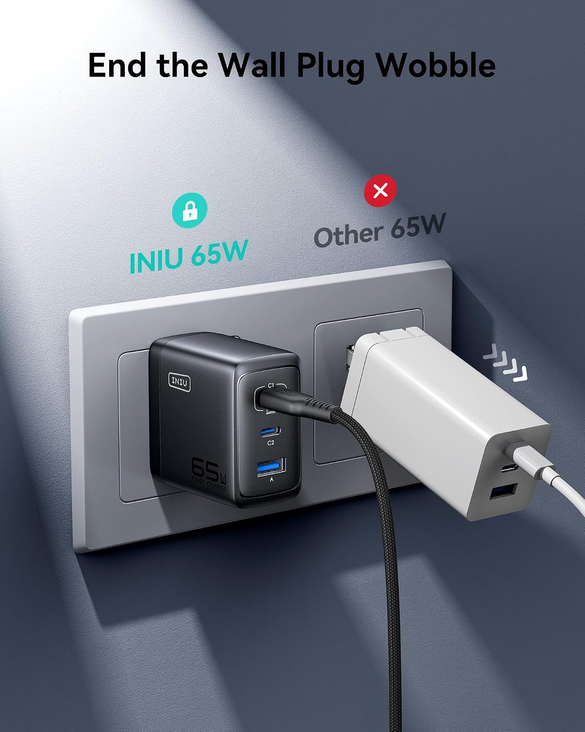 INIU 65W USB C Charger, 3-Port GaN Fast Charging Block with 5ft 100W Cable | Advanced Protection, Foldable Travel Charger, GaN Tech, 3-Port, Adapter for MacBook Pro Air Neo Laptop iPhone 17 Samsung etc