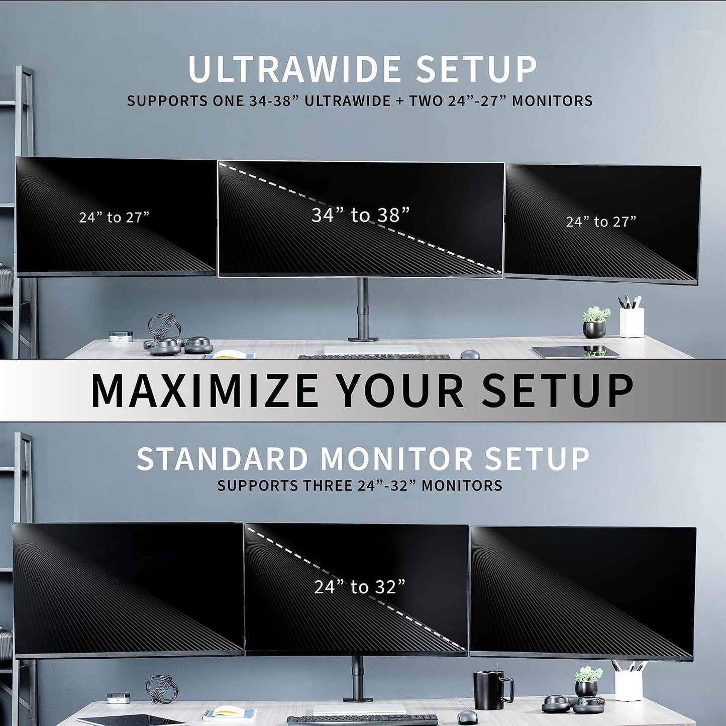 VIVO Premium Triple Monitor Desk Mount for 3 Screens up to 22 lbs, Fits up to 38 inch Ultrawides on Center Bracket, Adjustable Telescoping Arms, Flush Wall Setup, Black, STAND-TS03C