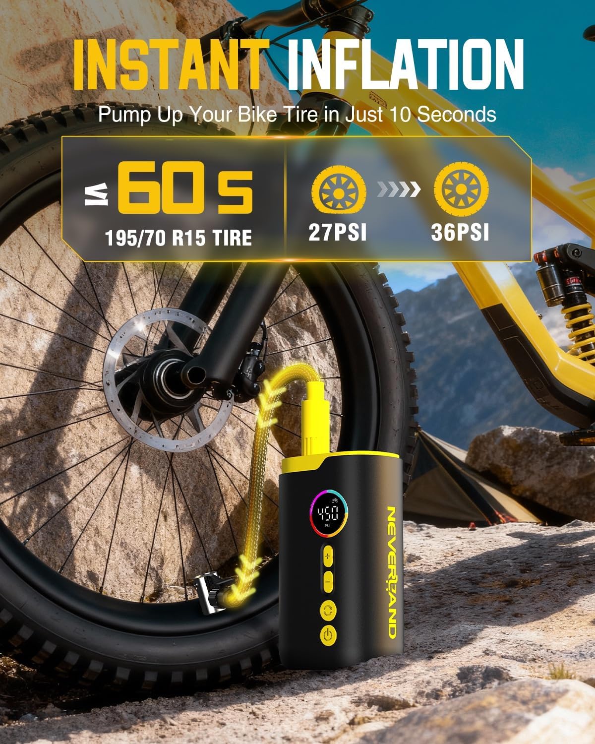 Neverland Tire Inflator Portable Air Compressor - 150 PSI Electric Air Pump for Car Tires with Auto Shutoff Function, Cordless Tire Air Pump for Bicycle, Motorcycle with Gauge