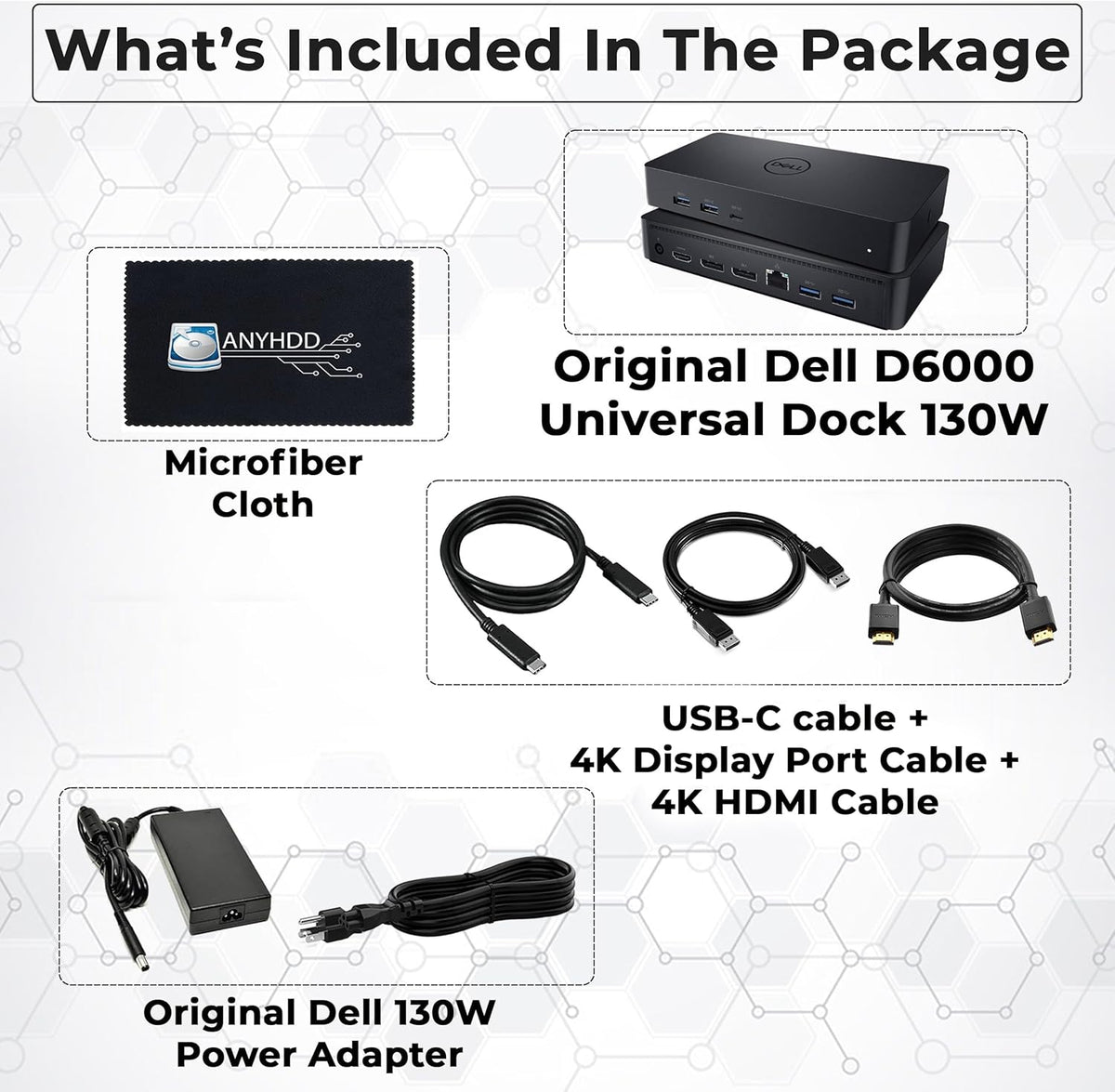 D6000 Dell Docking Station Dual Monitor - USB C Universal Dock with 130W Adapter, HDMI, DisplayPort, USB-C Cables - Supports 4K Display (Renewed)