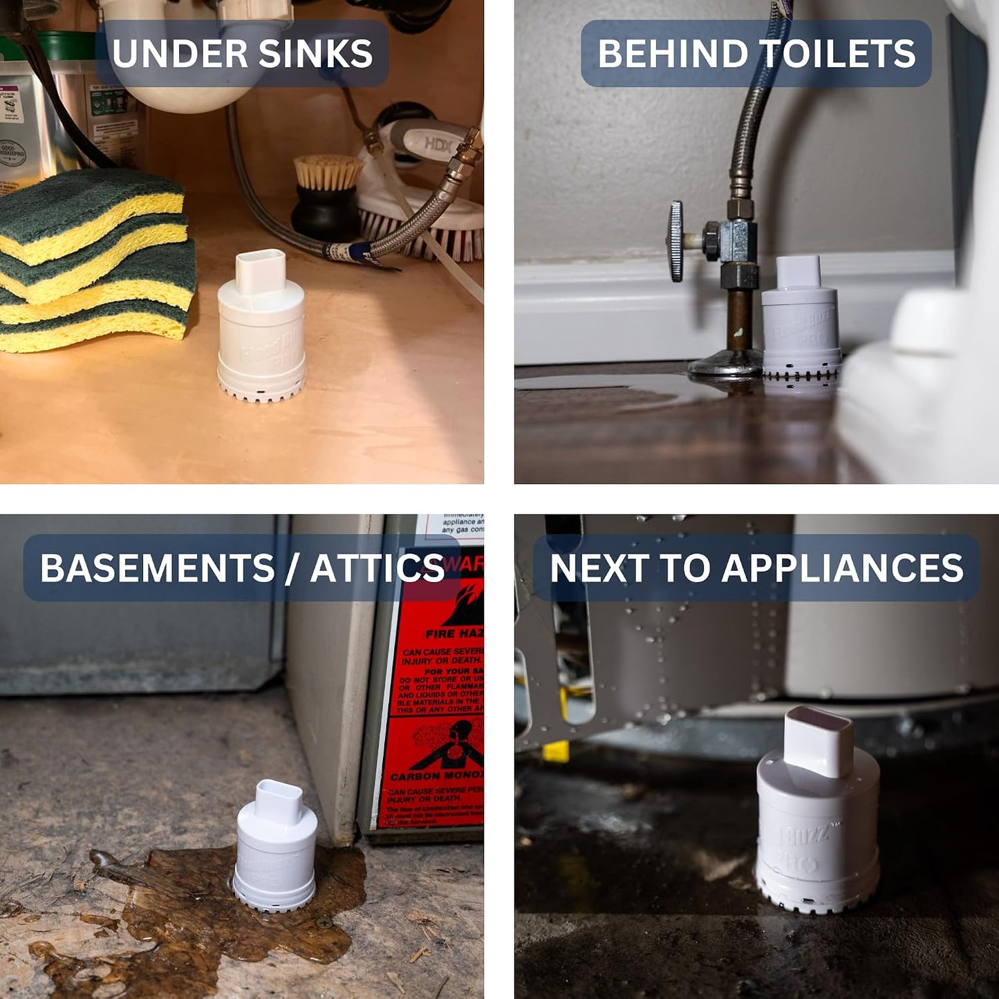 Flood Buzz Pro Water Leak Detectors for Homes & Businesses - 4-Pack | No Setup Required - 110db alarm - Under Sink, Toilet, Basement, Attic, RV, Water Heater, Dishwasher - Reusable Alarm