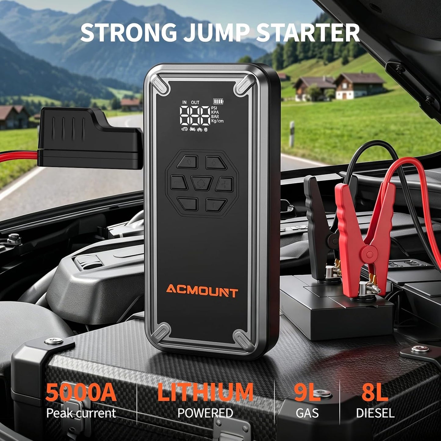 ACMOUNT W160 5000A Jump Starter with Air Compressor 150PSI, 12V Jump Box | Car Jumper Starter Portable(9L Gas/8L Diesel) with Jump Cables, Tire Inflator, 3 LED Light Modes, Power Bank, Car Essentials