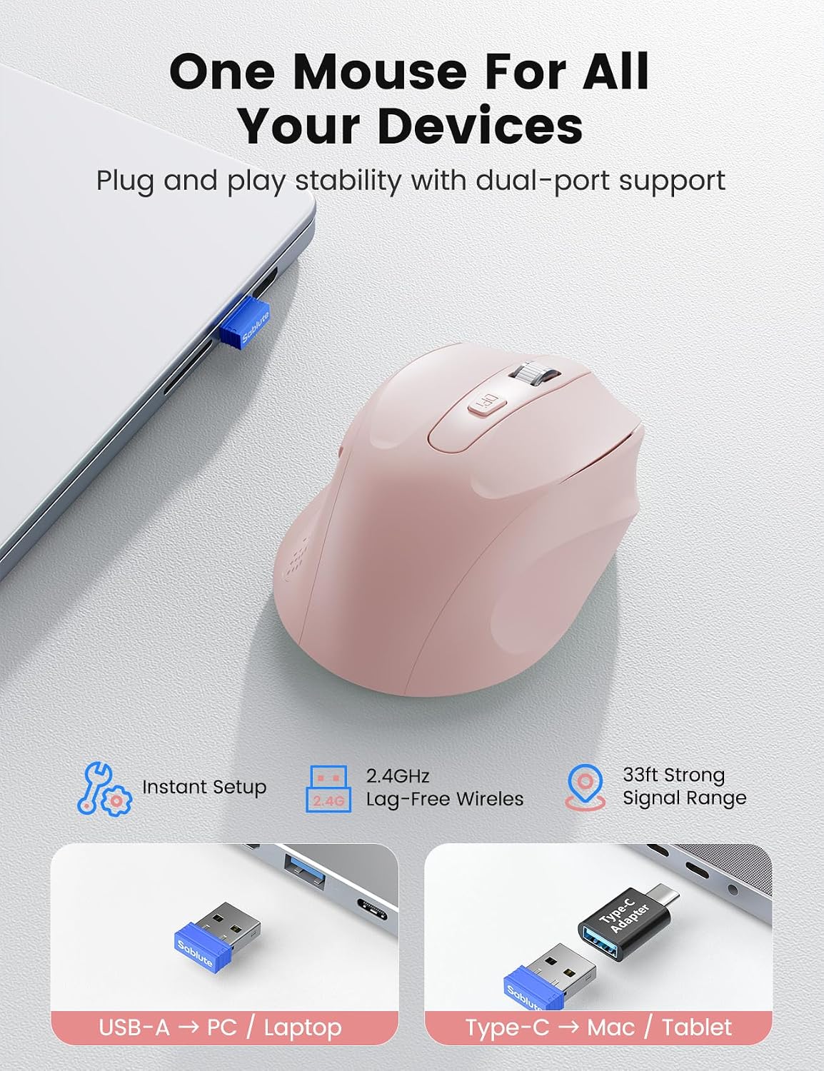 Pink Wireless Mouse for Laptop, 2.4GHz Computer Mouse with USB-A Port &USB-C Adapter, Cordless Office Mice with 6 Buttons & 3 Level DPI for Small to Medium Hands, Work with PC, Desktop, Tablet - M21