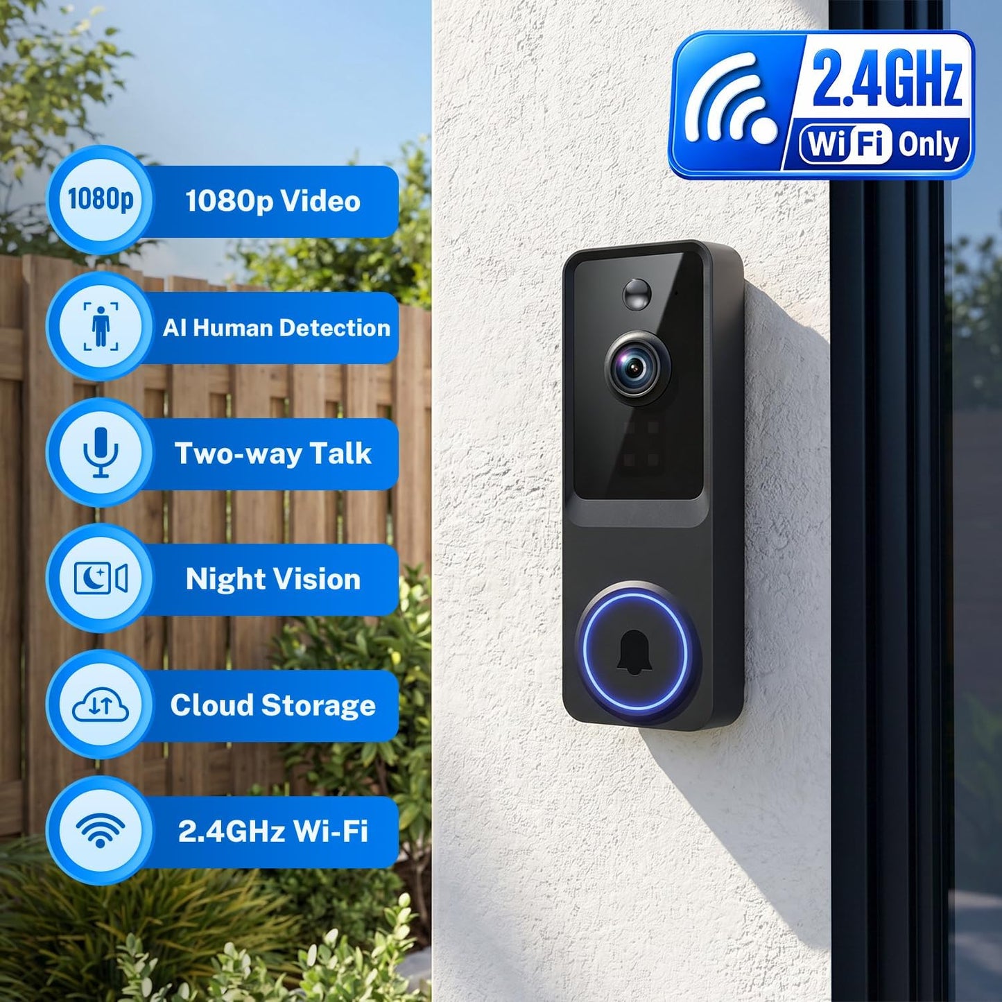 Doorbell Camera Wireless, 1080P Video Doorbell Camera Battery Powered | Security Camera with AI Human Detection, 2-Way Audio, Night Vision, Cloud Storage, 2.4GHz WiFi, Front Door Camera for Home