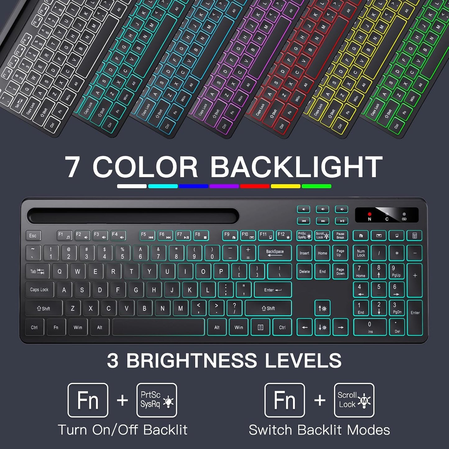Soueto Wireless Keyboard with 7-Color RGB Backlit, Full-Size Computer Keyboard with Phone Tablet Holder, 2.4G Rechargeable Gaming Keyboard with Light Up Keys, Compatible with Mac, Windows (Black)