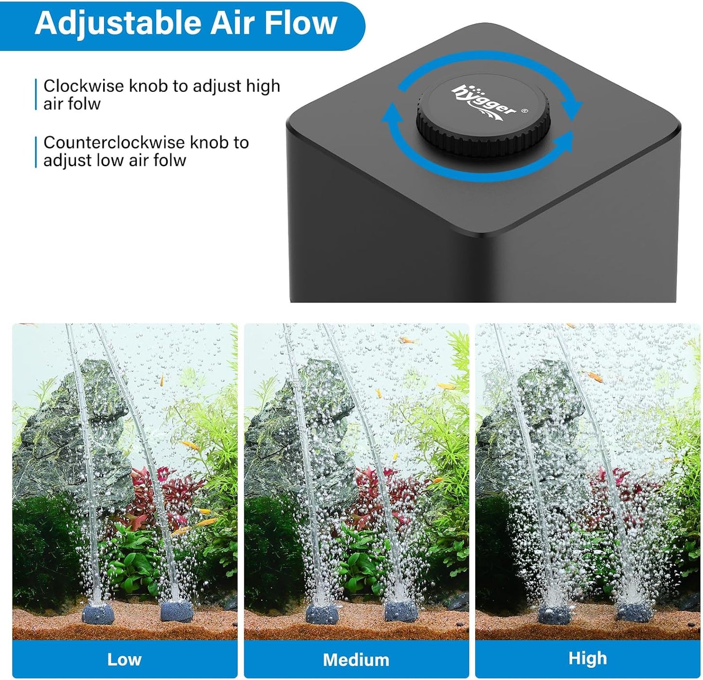 hygger Aquarium Air Pump, Quiet Adjustable Fish Tank Air Pump, 4W/7W/11W Powerful Oxygen Aerator Dual Stainless Steel Outlets with Air Stone Bubbler for Small Medium Large Fish Tank, Hydroponic