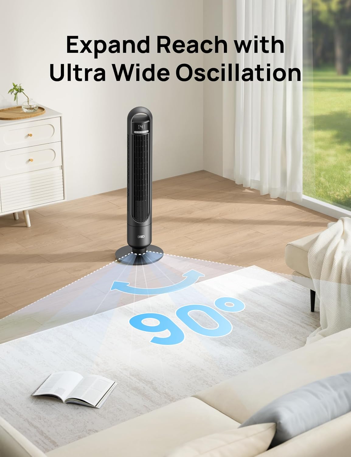 DREO Tower Fan for Bedroom, 26ft/s Velocity, 90° Oscillating, 8H Timer | 4 Speeds, 3 Modes, 28dB Quiet Standing Fan, Floor Fan for Room, Living Room, Office, Home, Cooling Fan with Remote, Black