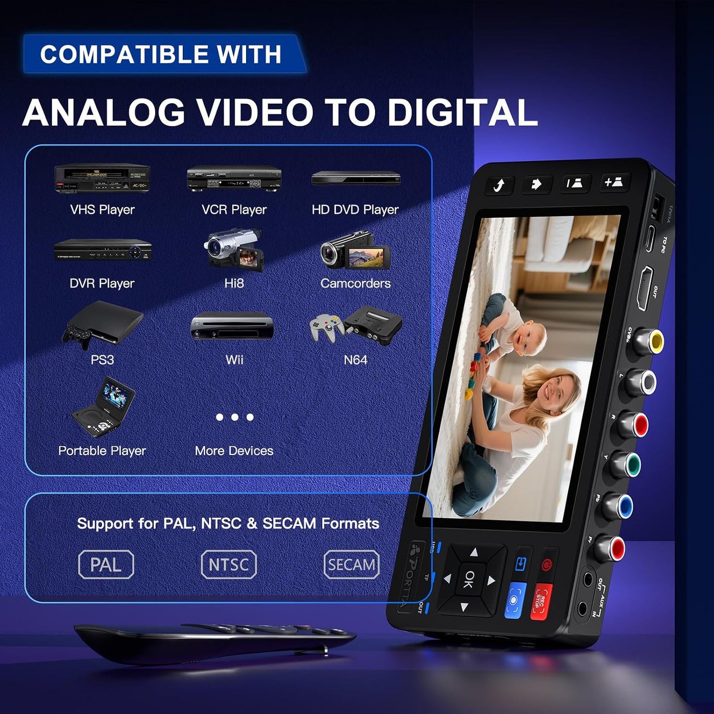 Portta VD22P VHS to Digital Converter with 5" HD Screen, Video Capture Recorder Convert to MP4 Compatible with VHS, VCR, DVR, DVD, Hi8, Mini DV, Gaming Consoles (VCR/VHS/DVD Player/Camcorder Required)