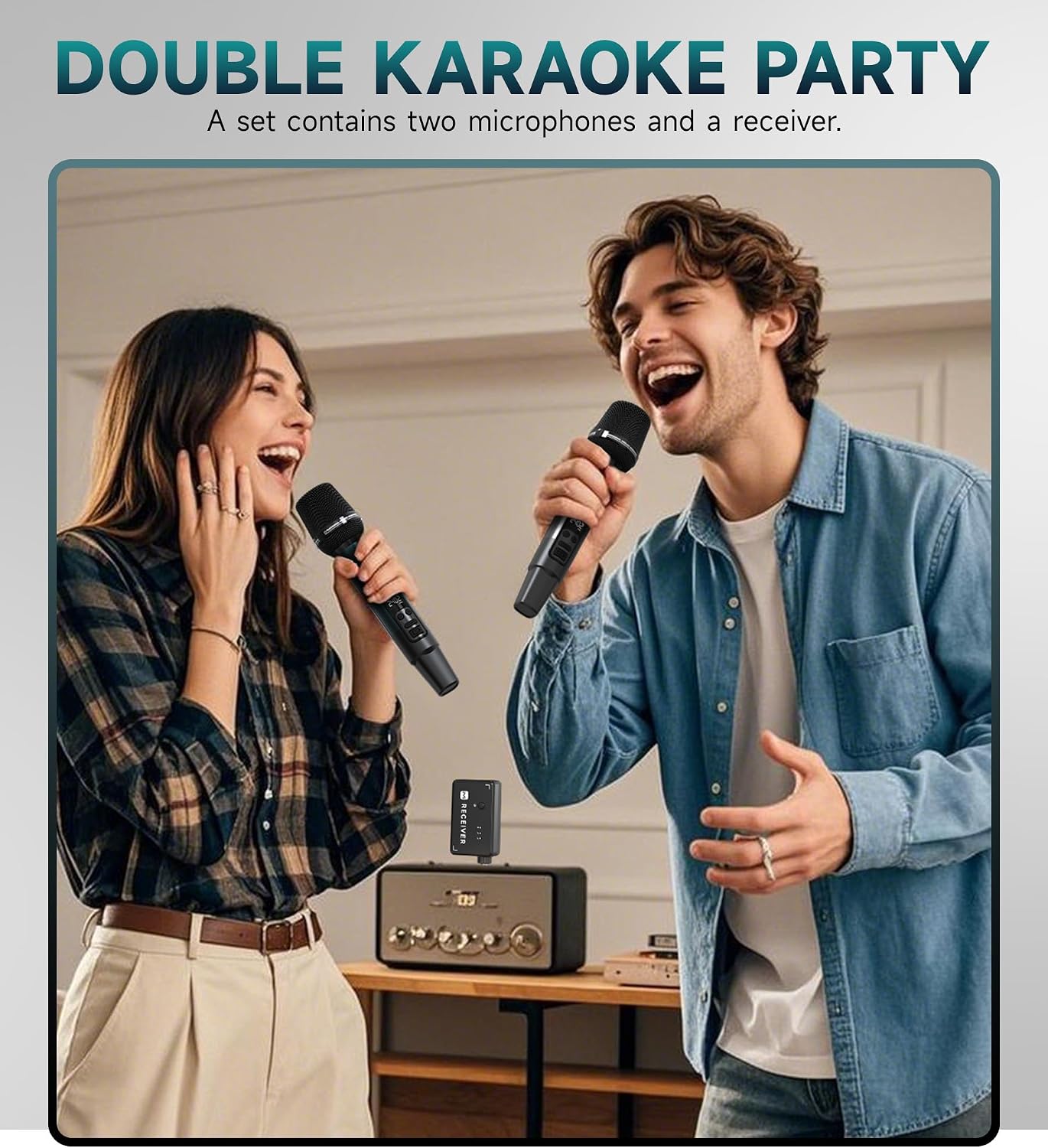Wireless Microphone, Metal Dynamic Wireless Microphones with One-to-One Chip Connection and Rechargeable Receiver, 40H Duration, 200FT Range Receiving, Volume Control Karaoke Microphone for Singing