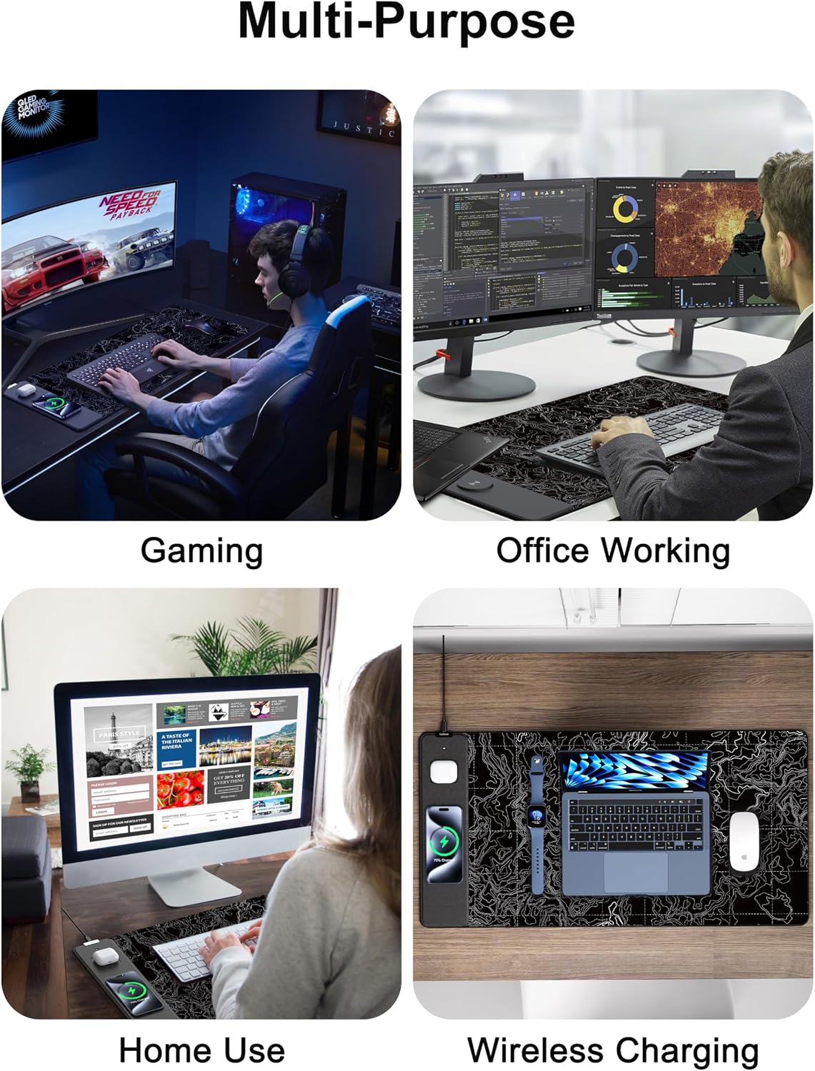 Mouse Pad with Wireless Charging, Large Desk Mat, Black Topographic Map #3