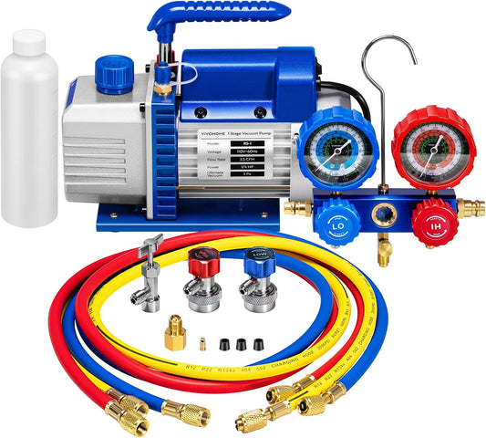 VIVOHOME 1/4 HP 3.5CFM 1 Stage AC Vacuum Pump and R134a Manifold Gauge Set | 110V HVAC Vacuum Pump Kit with 5ft Hoses for R134a R12 R22 R502 Auto Mini Split Air Conditioning Refrigeration Recharging