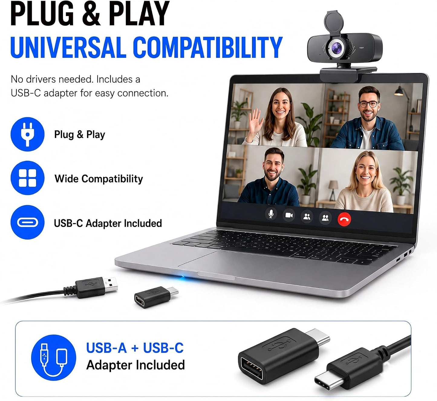 1080P Webcam with Microphone, Privacy Cover & USB-C Adapter | 105° FOV, Fixed Focus, Auto Light Correction, Plug & Play USB-A Camera with Tripod for Zoom, Teams, FaceTime and YouTube