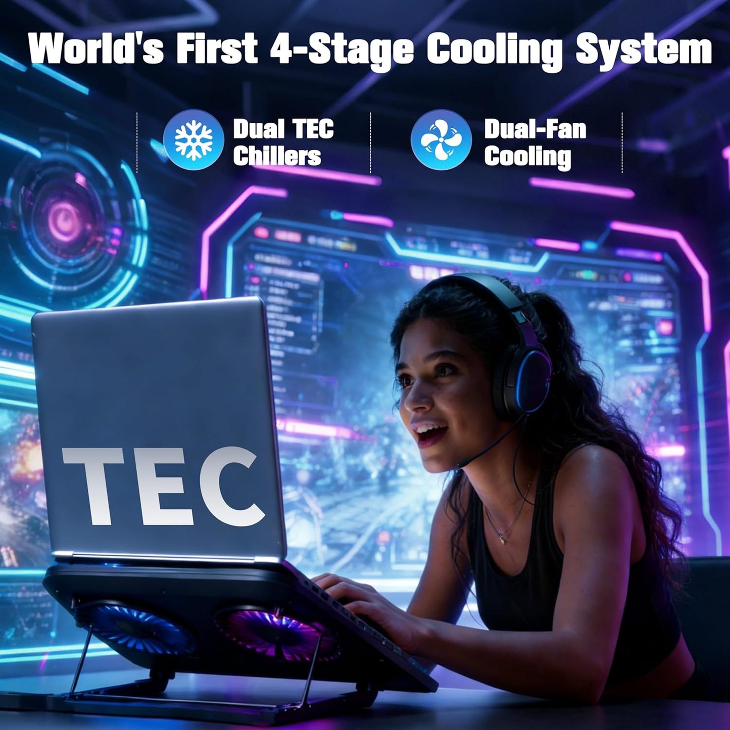 Dual-Core TEC Laptop Cooling Pad with Dual Stepless-Quiet Fans, 5-Height Adjustable Laptop Cooling Stand, 10-Level RGB for 13-17 Inch Laptops, Includes 15W Charger, Smoky Black