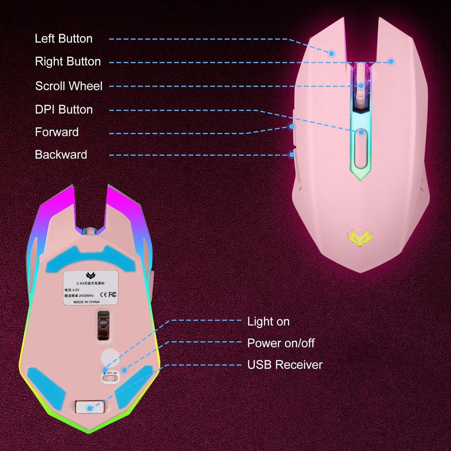 Wireless Gaming Mouse, Rechargeable Computer Mouse, 7-Color LED Light, Ergonomic Mouse with 6 Silent Click Buttons, 3 Adjustable 2400 DPI Wireless Mouse for Laptop,PC,Mac, Pink