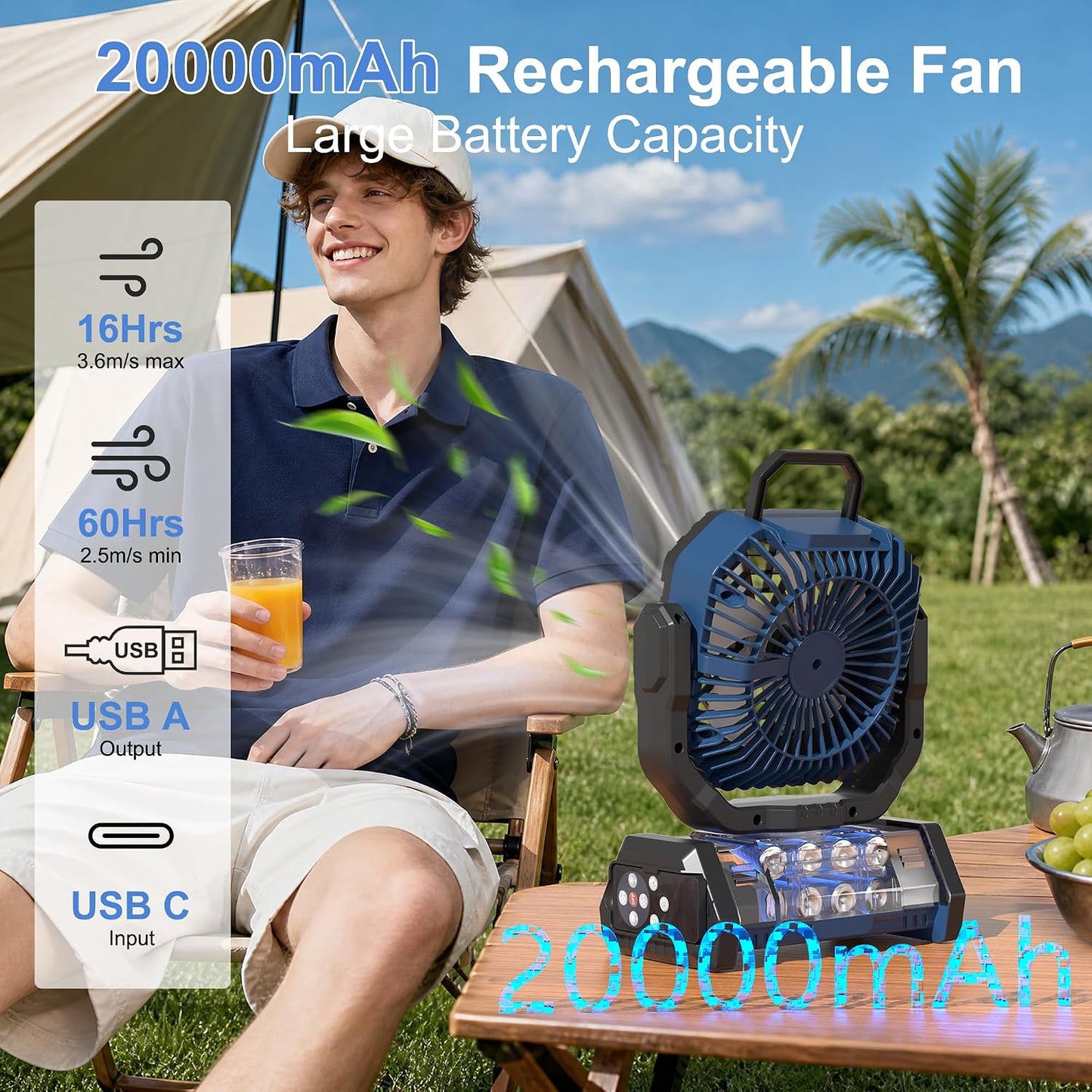 Honesorn 20000mAh Rechargeable Camping Fan with LED Light Remote, Navy Blue | Up to 60H Runtime, 45°/90°Oscillating, Hanging Hook, 4 Speeds, 8H Timer, USB-C Charging, for Camping, Tent, Travel, Outdoor