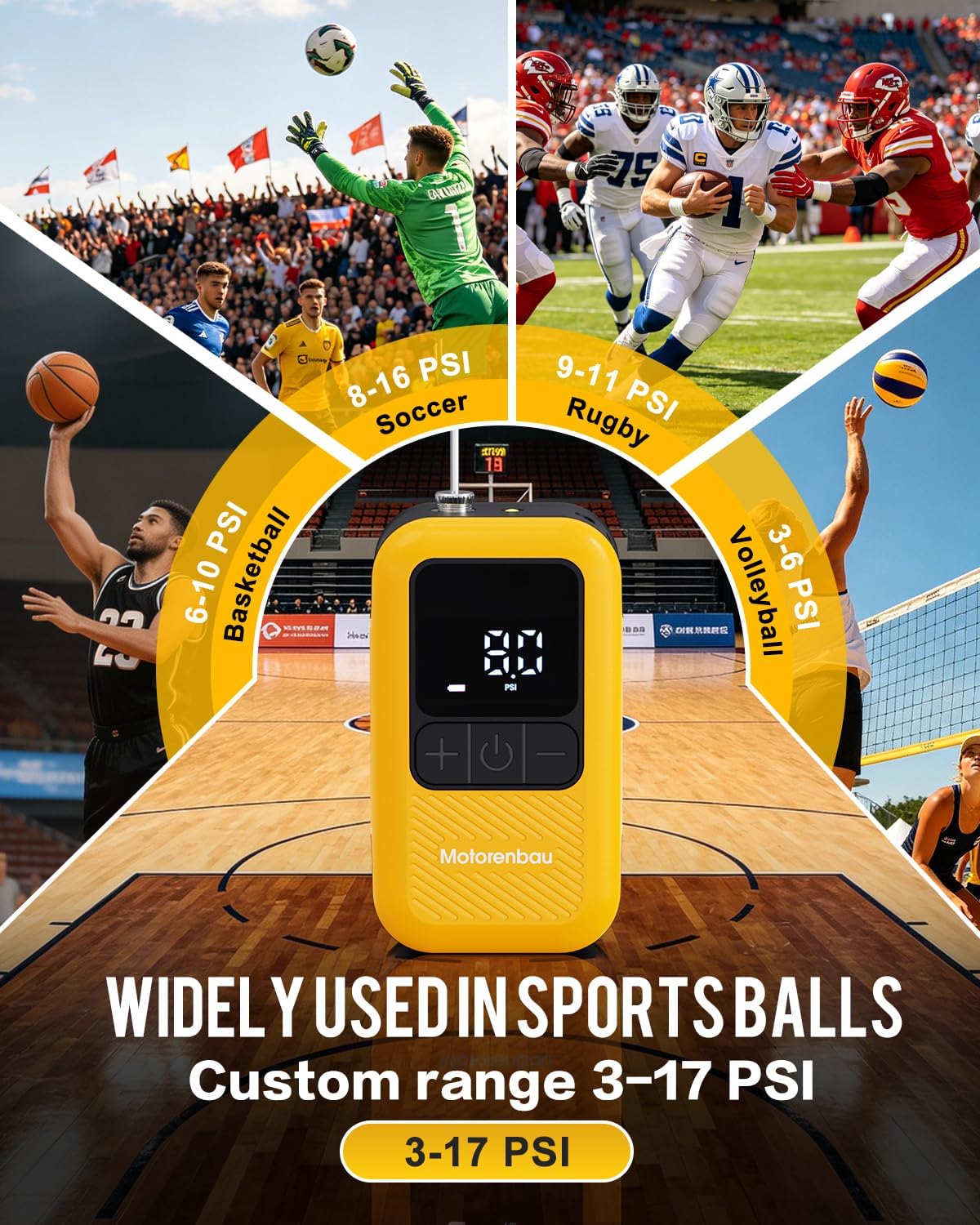 Electric Ball Pump for Sports Balls with LCD Display & LED Light | 3-17PSI Basketball Pump Fast Auto Inflation with 4 Needles, Preset Pressure for Soccer Football Volleyball
