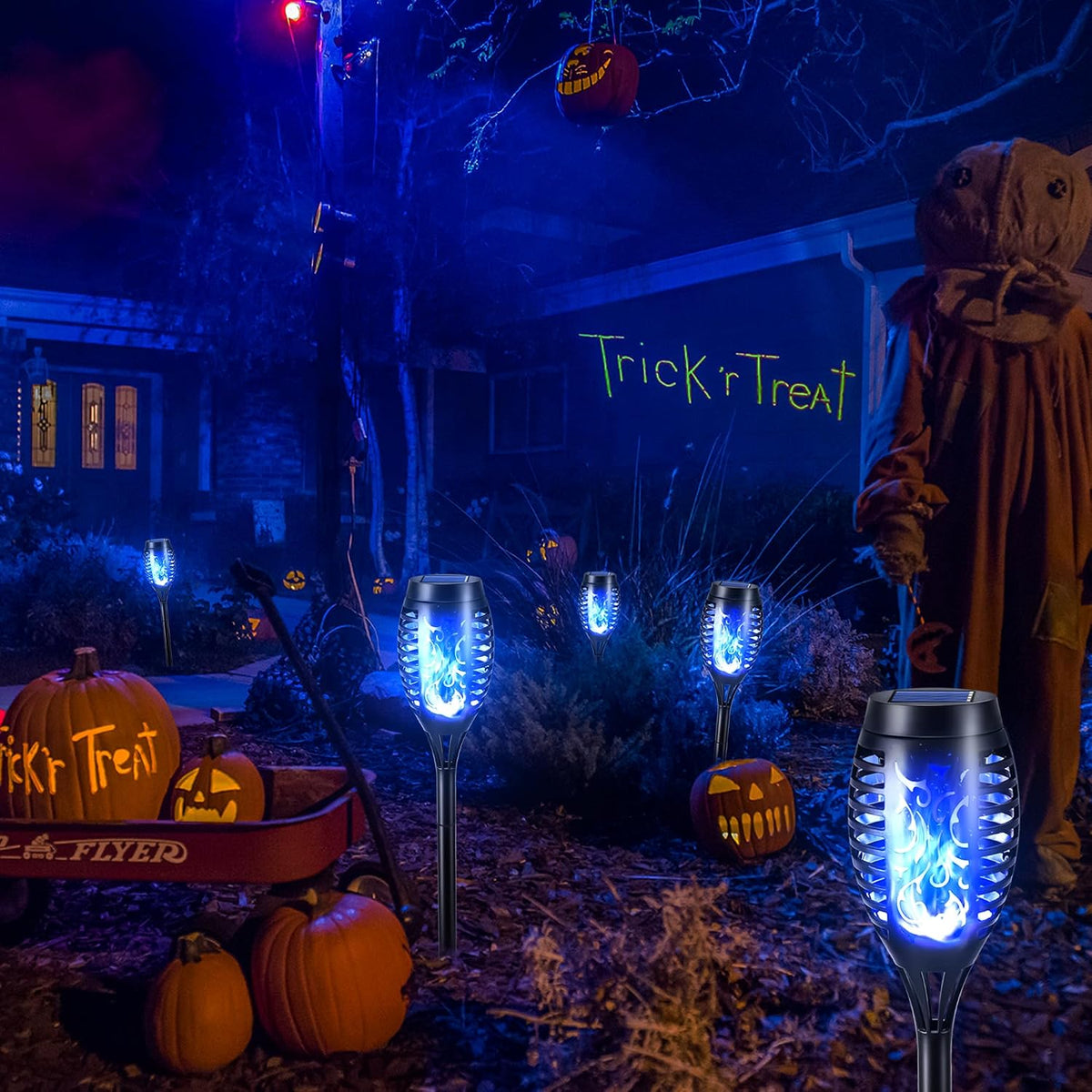 Toodour Solar Torch Flame Lights, 12 Pack Solar Halloween Lights Outdoor | with Flickering Flame, Waterproof Patio Light Landscape Decoration Lighting for Garden Yard Outdoor Halloween Decor - Blue
