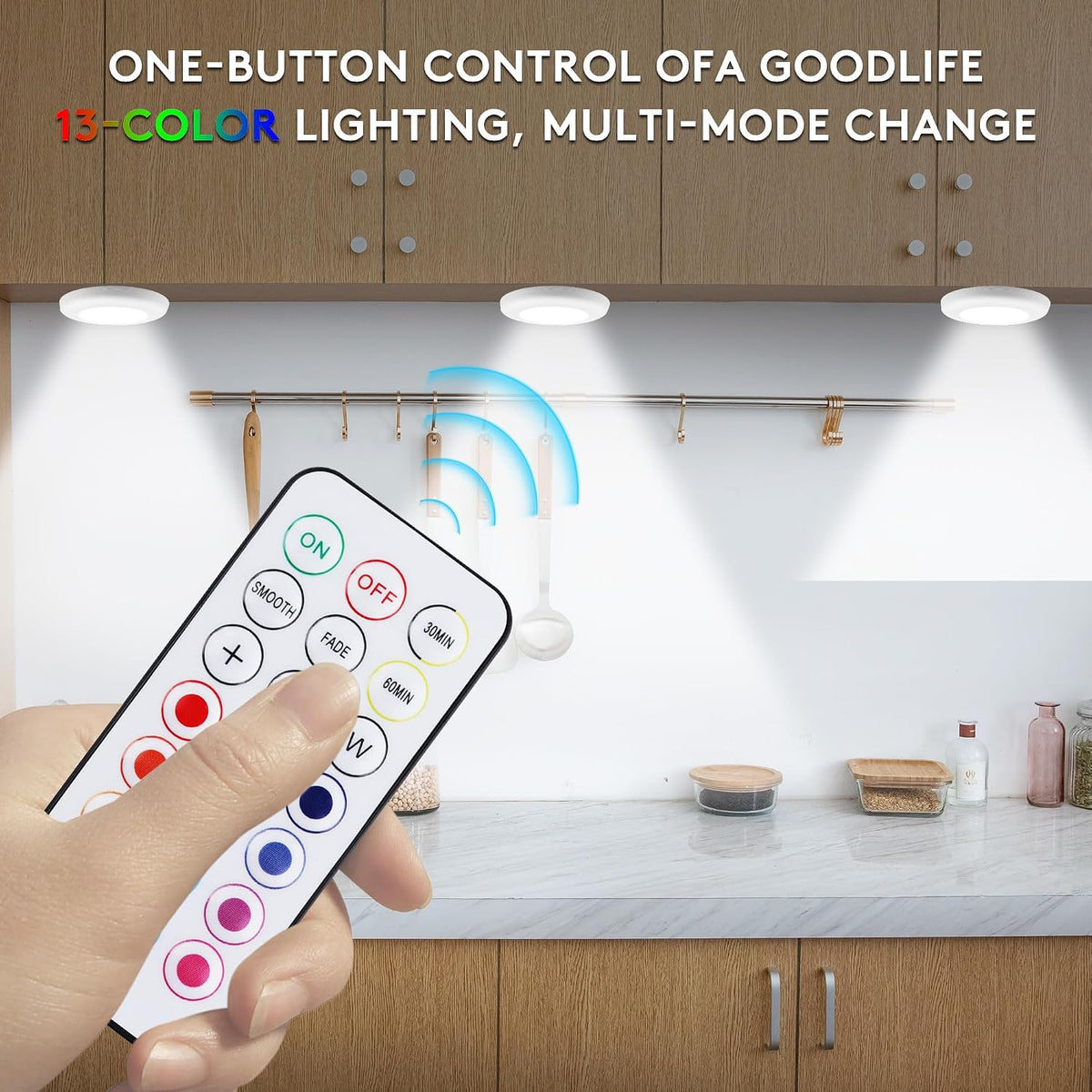 LED Puck Lights with Wireless Remote, 13 Colors RGB Dimmable Under Cabinet, Battery Powered Color Changing, Party Atmosphere for Kitchen Closet Counter, 6 Pack