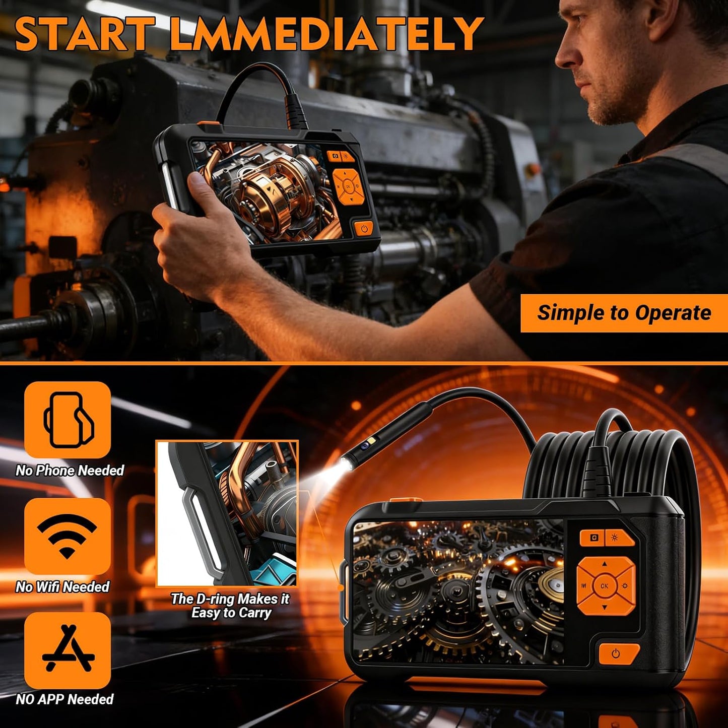 Dual Lens Endoscope Camera with Light, 1080P Borescope | 5" IPS screen inspection camera with 16.5FT semi-rigid snake cable & 32GB card for automotive plumbing
