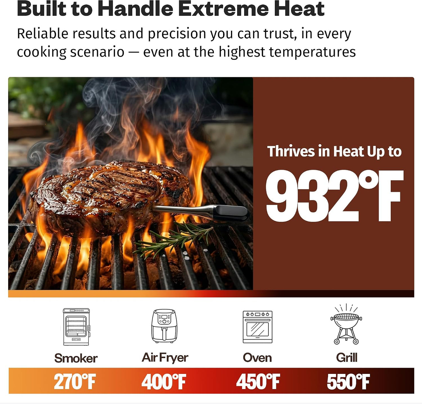 East Oak Wireless Meat Thermometer | 5-Sensor Precision for Chef-Level Results | Extreme Heat Resistance | Smart App Remote Monitoring | Perfect for Grills, Smokers, Ovens & Air Fryers, Brown