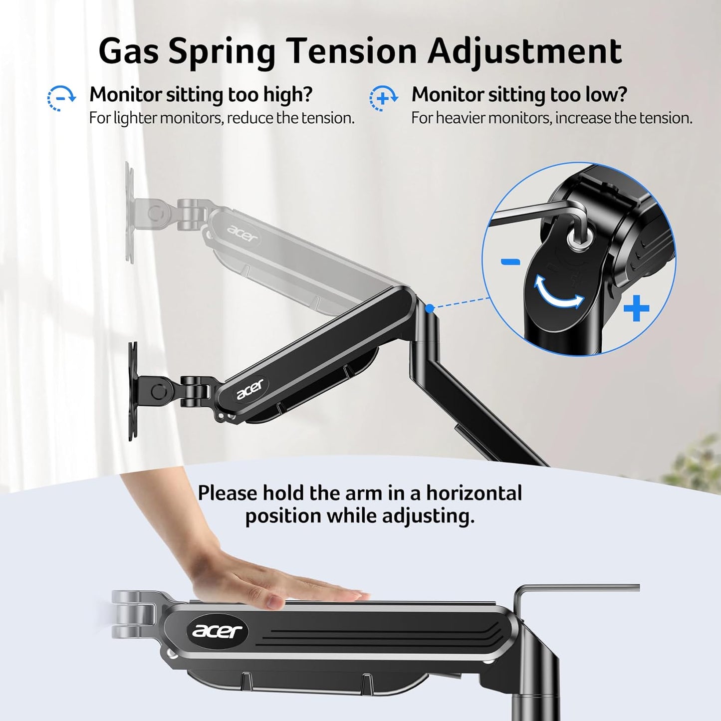 Acer Dual Monitor Arm, Gas Spring VESA Mount Stand for 17-32" Screens | Computer Desk Arm Fully Adjustable VESA 75x75/100x100 with C-Clamp & Grommet Mounting Base, Each Arm Holds 4.4 to 19.8 lbs