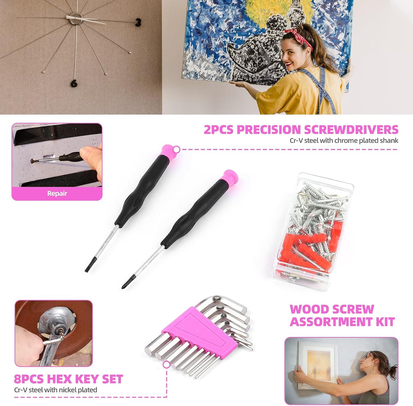URASISTO 123 Piece Pink Household Tool Set with 3.6V USB Electric Screwdriver, Home Tool Kit with Cordless Lithium-ion Drill Driver, HandTool Kits for Women