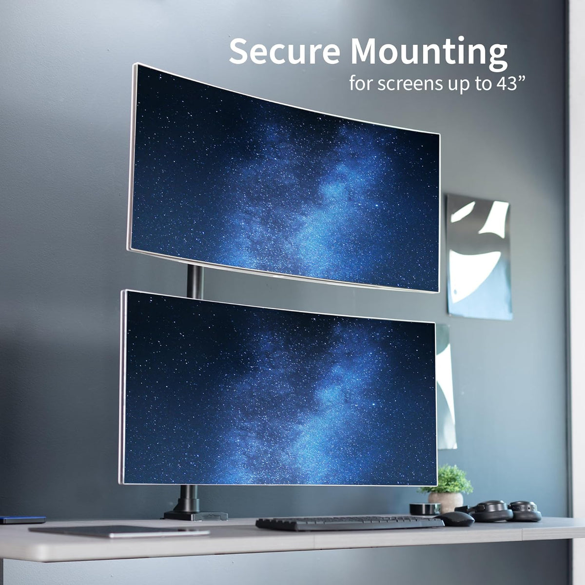 VIVO Dual Vertically Stacked Ultra-Wide Monitor Desk Mount with Extension Arms, Extra Tall Heavy Duty Adjustable Stand for 2 Ultrawide Screens up to 43 inches, 50 lbs Capacity, Black, STAND-V202T