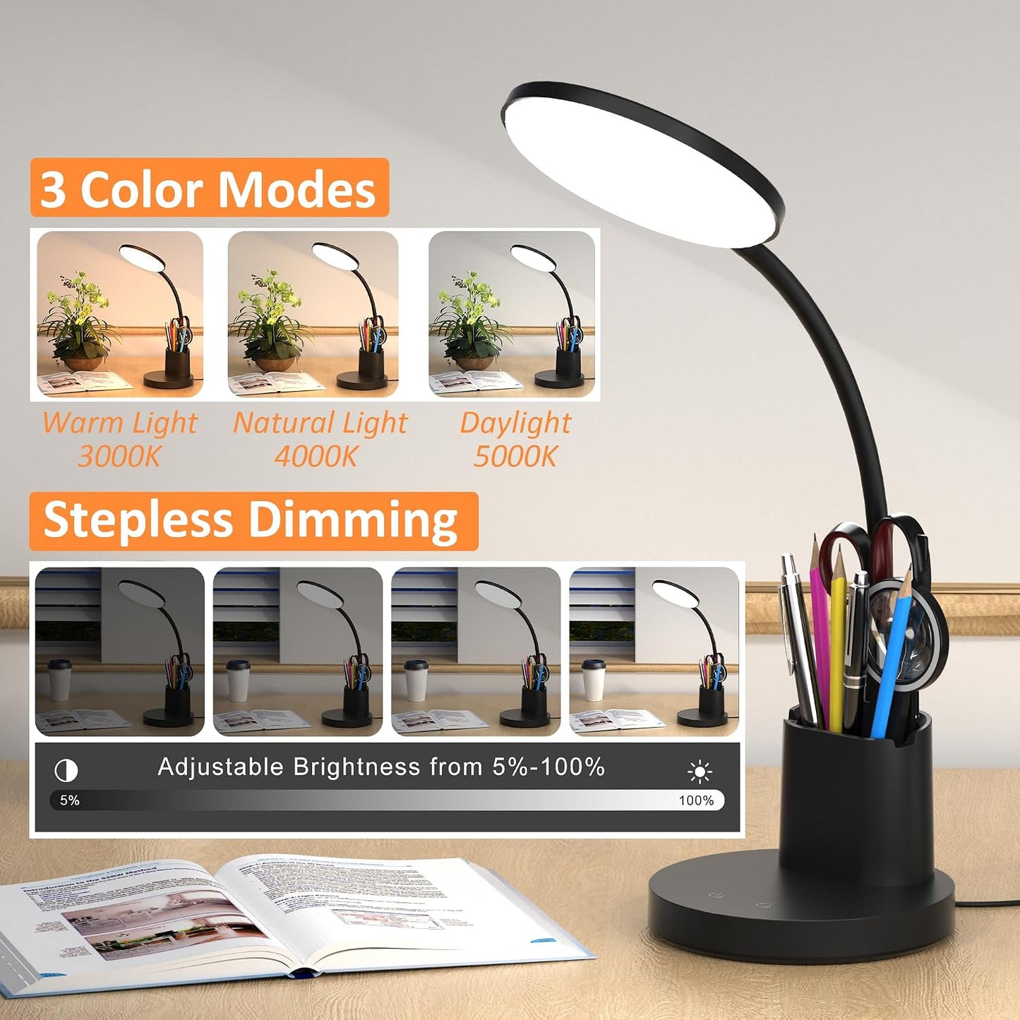 LED Desk Lamp for College Dorm with Pen Phone Holder, Black | 3 Color Modes Dimmable Desk Light, College Dorm Essentials, 360° Adjustable Arm, Eye-caring Bedside Reading Lamp, 800 Lumen
