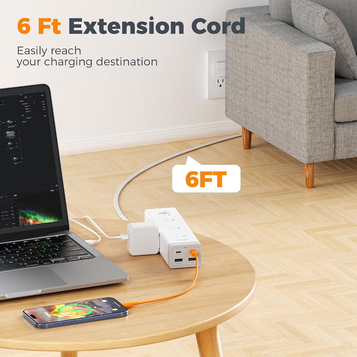 TESSAN Surge Protector Power Strip with 1050J Protection, 6 Ft, Grey | 9 Outlets with 4 USB (2 USB C), Flat Plug Extension Cord, 20W Multiple Charging Station for Home, Office, College Dorm Room