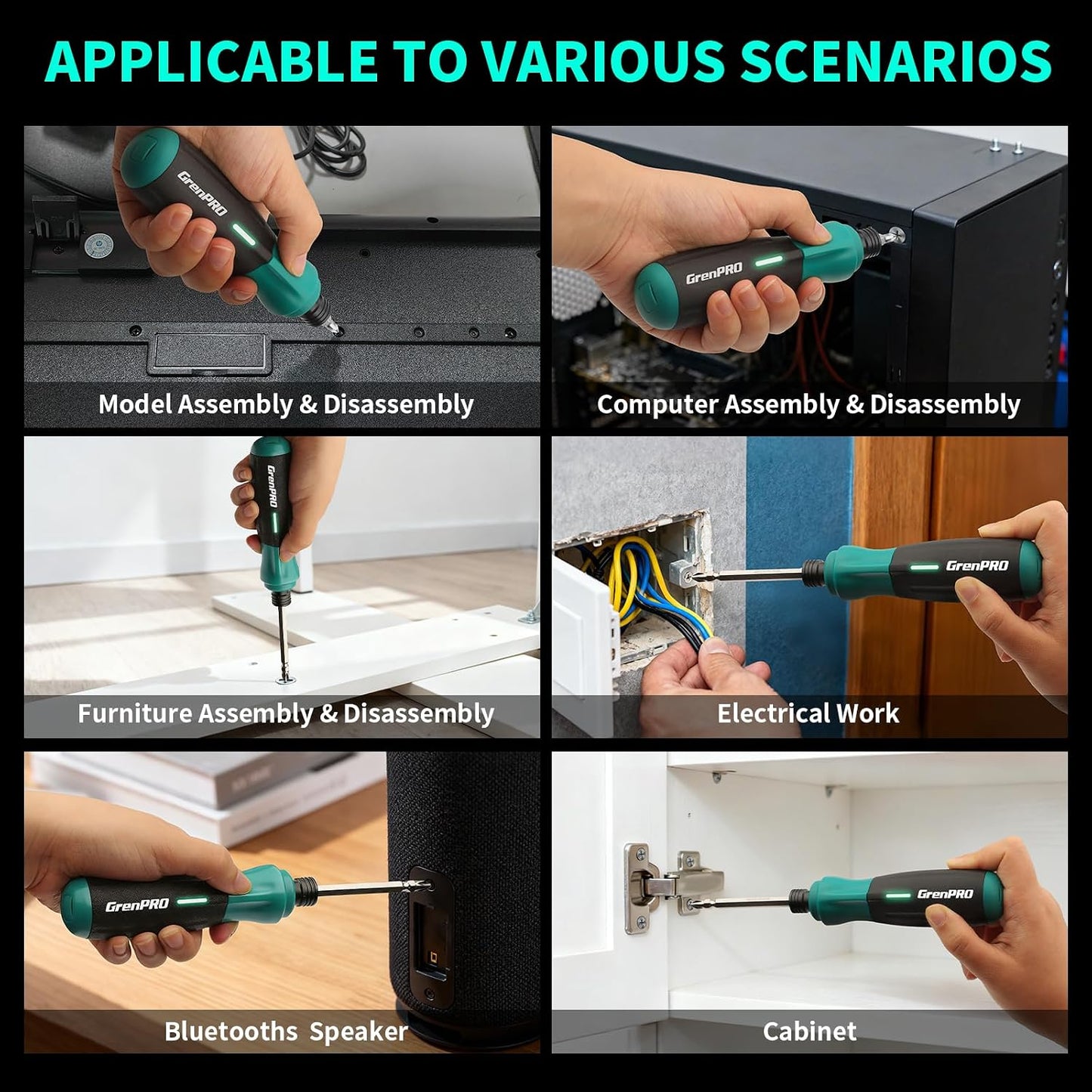 GRENPRO 4V Cordless Electric Screwdriver Set, 51 Magnetic Bits, LED Light | Built-In Non-Removable Battery with USB Charging, Forward/Reverse Control and Carrying Case for Home Repairs and DIY Tasks