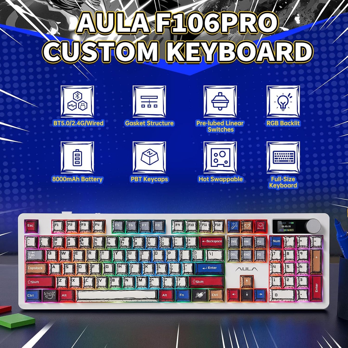 AULA Wireless Mechanical Gaming Keyboard Full Size 8000mAh with Knob&Screen | Hot Swappable Custom,RGB Backlit,Creamy Pre-lubed Blaze Switches,PBT Keycaps,Tri-Mode BT/2.4GHz/USB-C,F106Pro Comic Mix Color