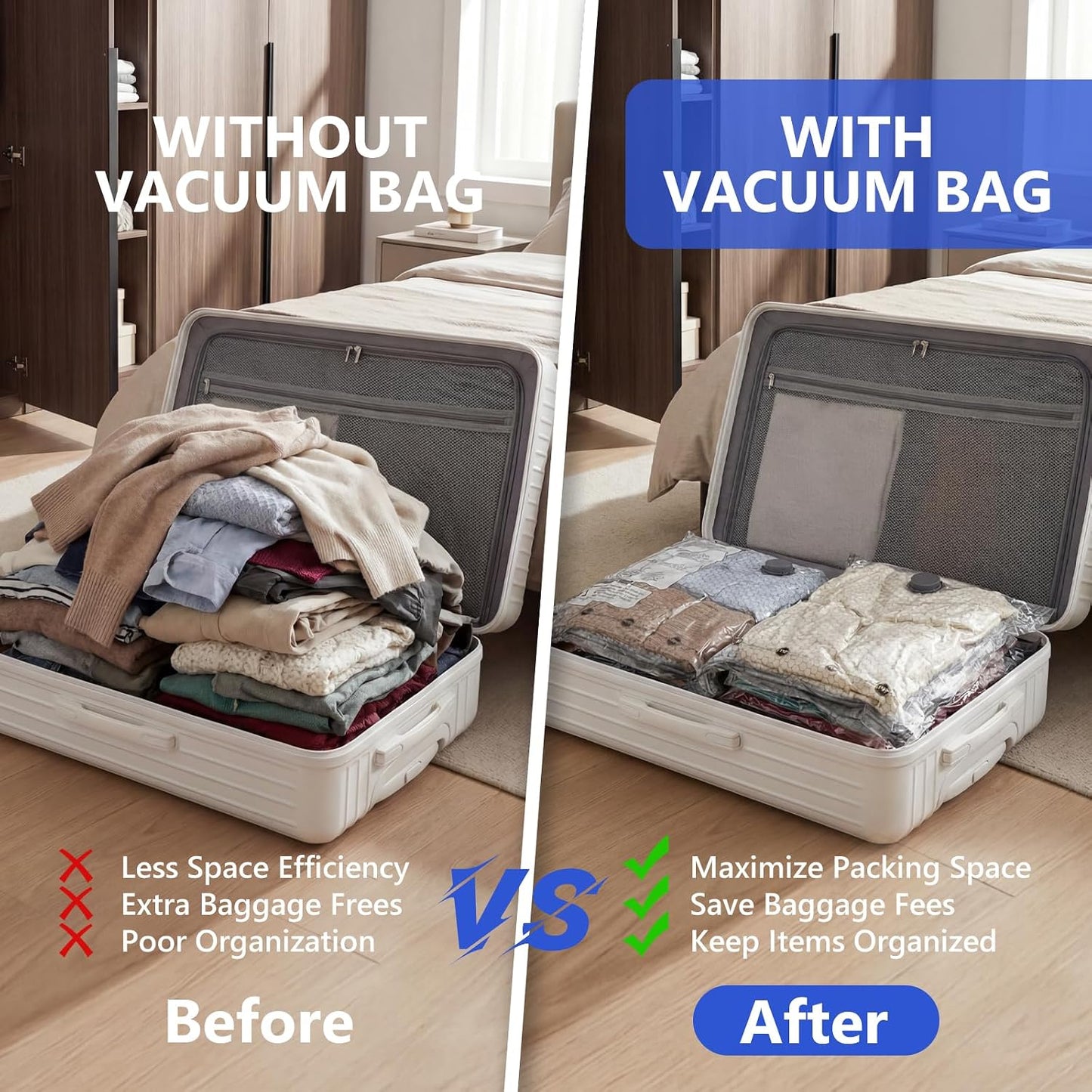 Vacuum Seal Bags for Clothing Travel with Rechargeable Air Pump | Vacuum Storage Bags,Carry-on Size Vacuum Bags for Travel, Space Saver for Clothes 12 Combo Size