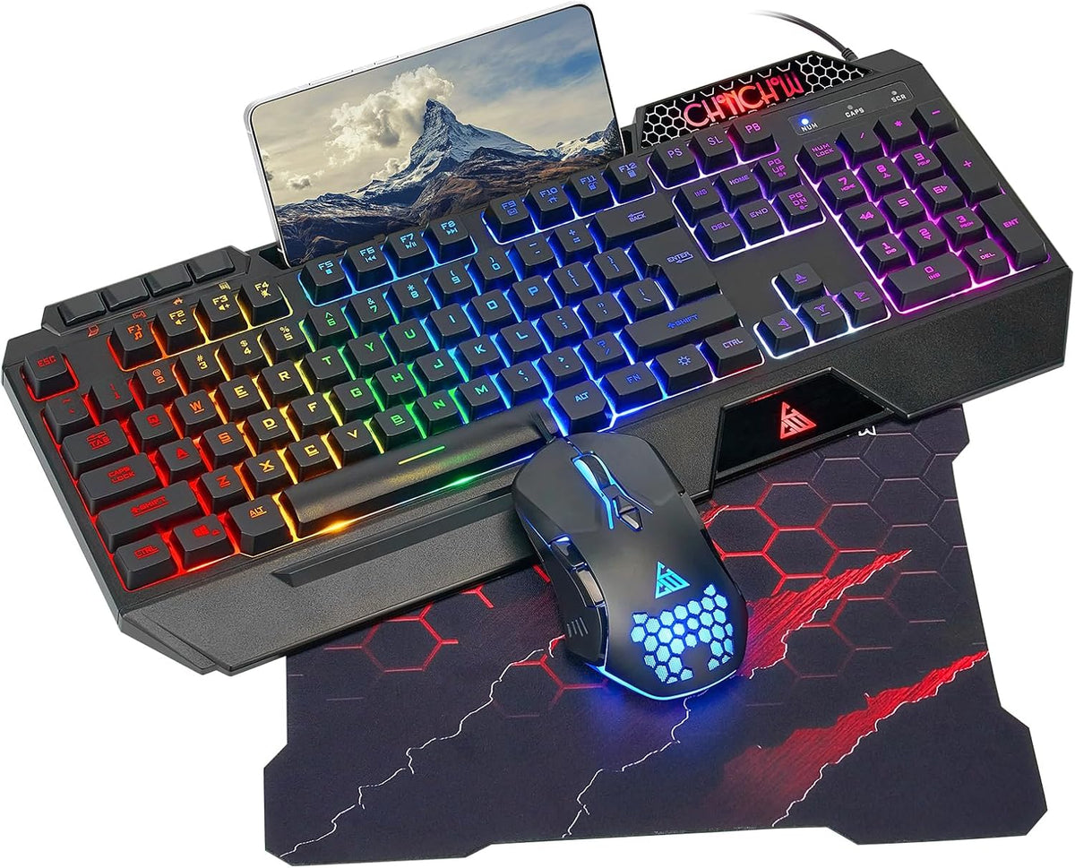 CHONCHOW Gaming Keyboard and Mouse Combo, Wired RGB Set for PC PS4 PS5 Xbox | Phone Holder, Ergo Wrist Rest, Full Size, Anti-Ghosting, USB Silent Light Up Keyboard, 7D 7200DPI Gaming Mouse, Mouse Pad
