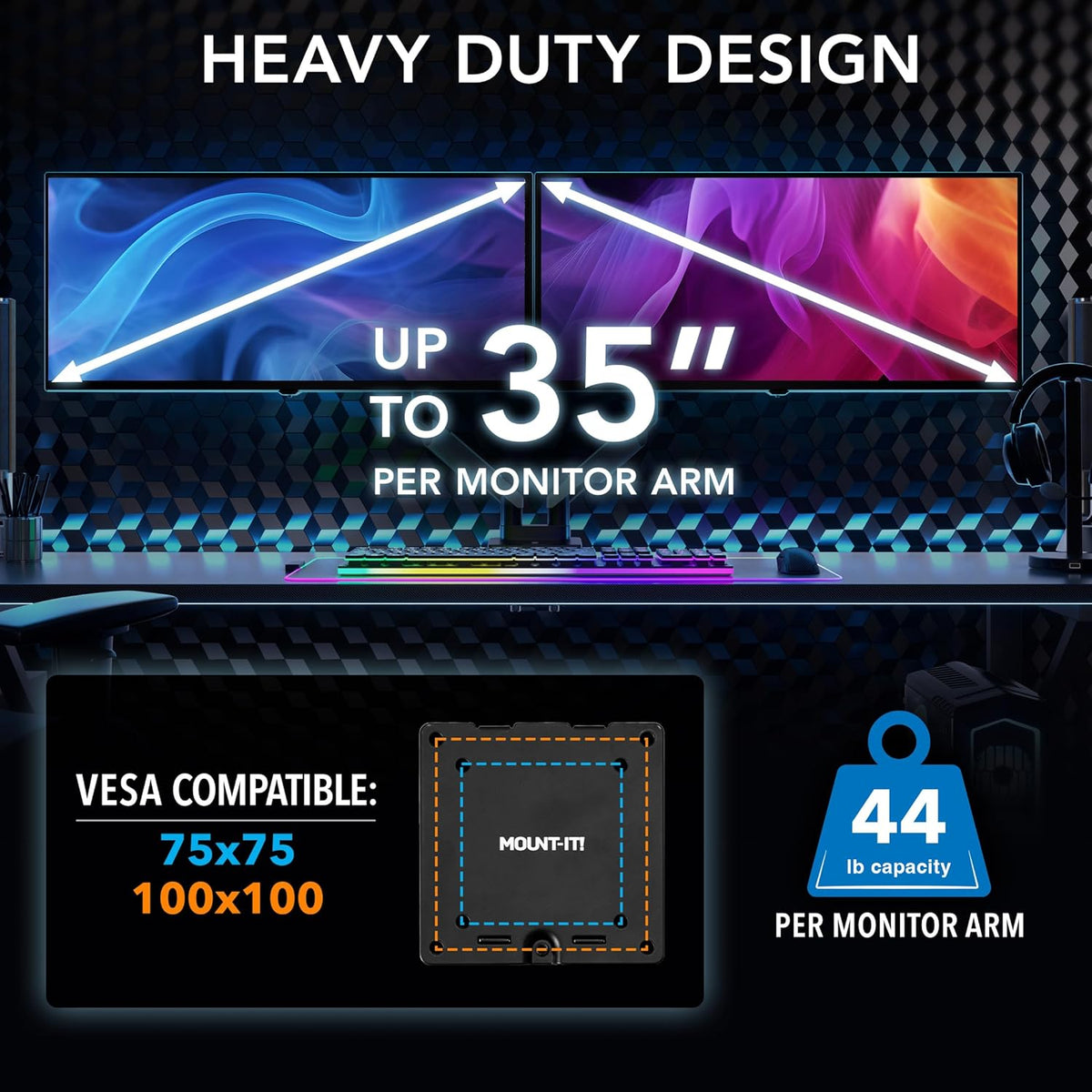 Mount-It! Heavy Duty Dual Monitor Arm up to 35 in. 44 lbs Screens, RGB Lights, 75x75 100x100 VESA Desk Mount for 2 Widescreen Curved Monitors 27 32 34 35 inches, Gas Spring, Clamp, Grommet, RGB Lights