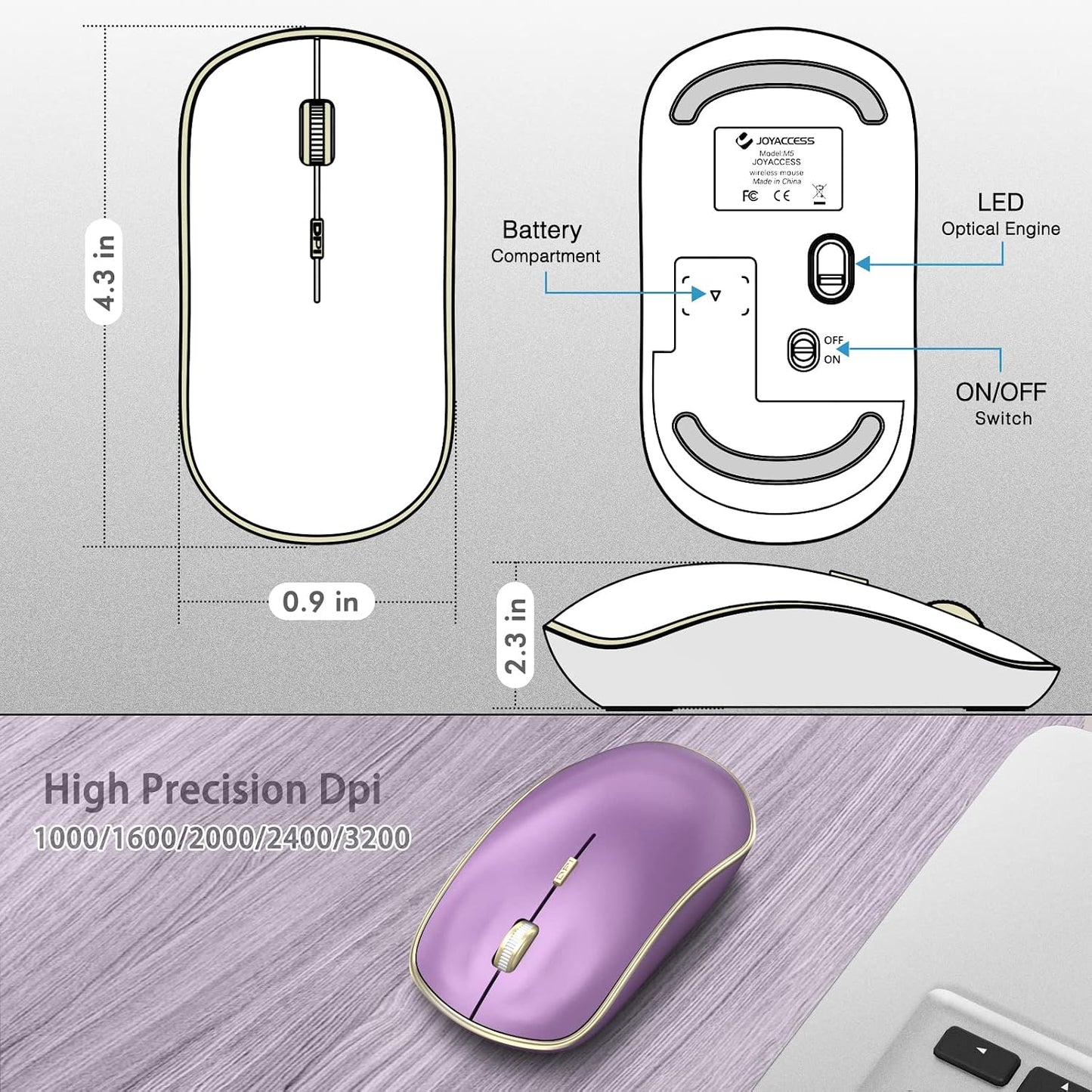 JOYACCESS Silent Wireless Mouse - 2.4G Portable & Ergonomic with 5 DPI Levels for Desktop, Notebook, PC & Laptop (Purple)