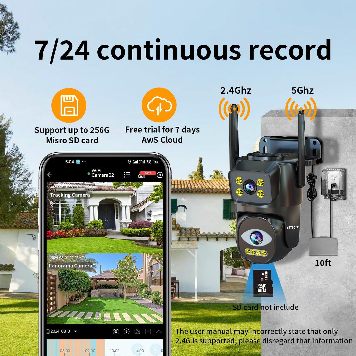 LETSCEE Dual Lens WiFi Security Camera Outdoor, 2.4G/5G PTZ Outdoor Plug-in Camera Auto Tracking,Home Security Surveillance System,WiFi,Night Vision,7/24 Recording