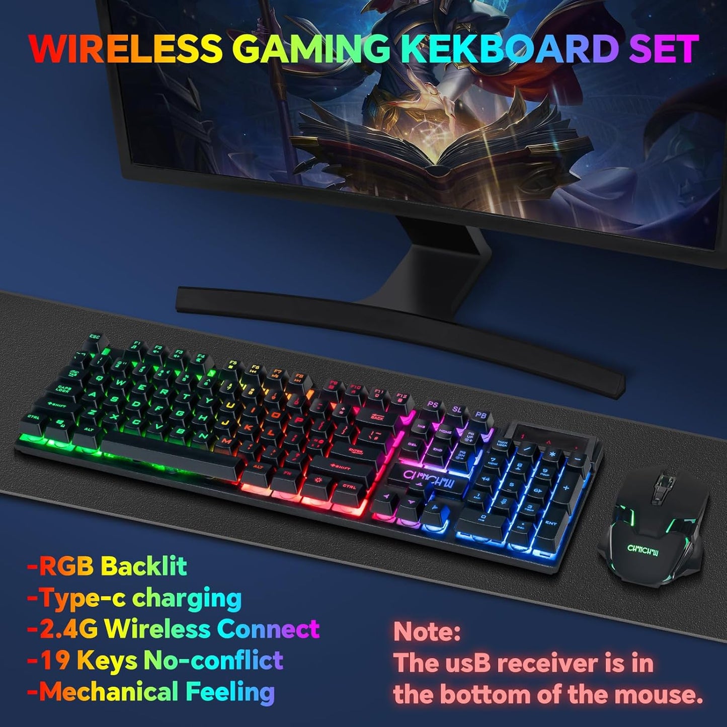 CHONCHOW USB Wireless Gaming Keyboard and Mouse Combo, RGB Backlit, 2.4GHz | LED Ergonomic Mechanical Feeling Keyboard, Rechargeable 2500mAh Battery, Anti-ghosting Keyboards 7D 3600DPI Mice for PC Gamer