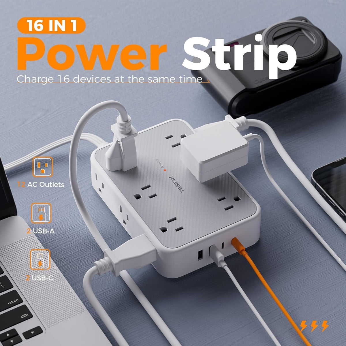 TESSAN Surge Protector Power Strip, 10FT Flat Extension Cord